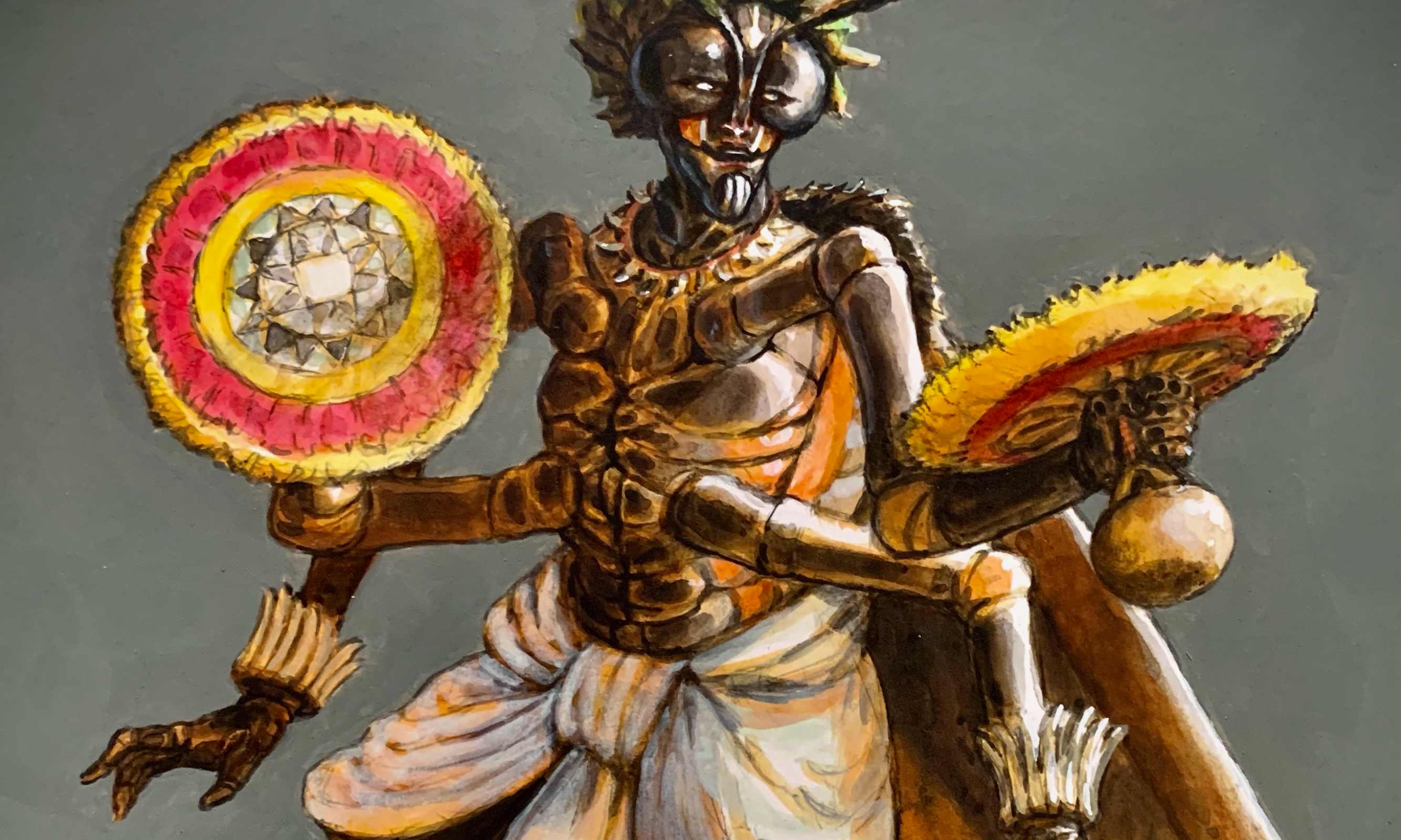 Close up of painting of a humanoid-insect figure holding two ʻuliʻuli (feathered rattles) topped with red and yellow feathers, used in Hula dancing