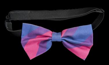 Purple, blue and pink bow attached to a choker-style necklace of elastic.