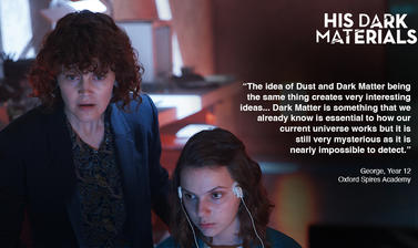 Two actresses face the camera but look off to the side within the backdrop of a darkened room.