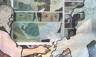 Illustration of a person holding fire in the hands with graphic comic background