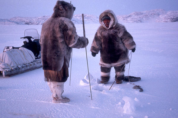 Two Inuit men wearing thick fur coats with hoods up look down into a hole in the ice.