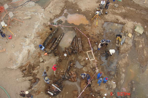 Aerial view of archaeological excavations of the shipwreck after its discovery during diamond mining operations in 2008. Photo by: National Museum of Namibia, Windhoek