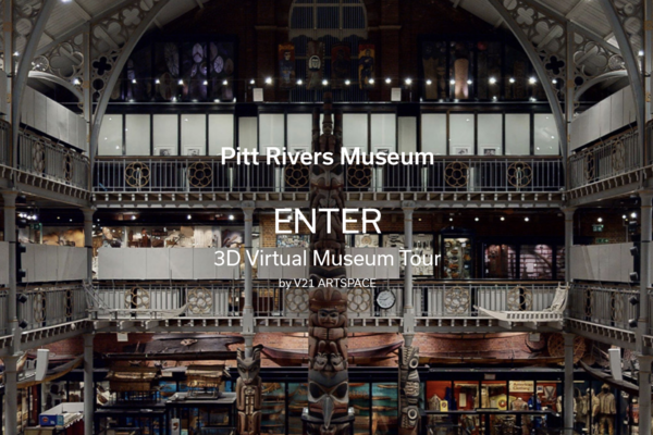 Steps lead down into a darkened room packed with museum display cases and text overlaid reads ENTER 3D Virtual Museum Tour by V21 ARTSPACE