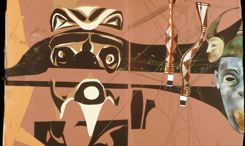 Photograph of a sketchbook page where collaged paper has been used to capture a likeness of the Haida Star House Pole and other items.