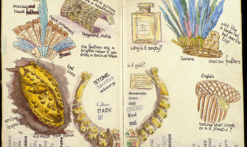 Sketchbook page showing drawings of a bronze head of a leopard, gold jewelry, a Chanel No. 5 perfume bottle and feather headresses, along with other objects.