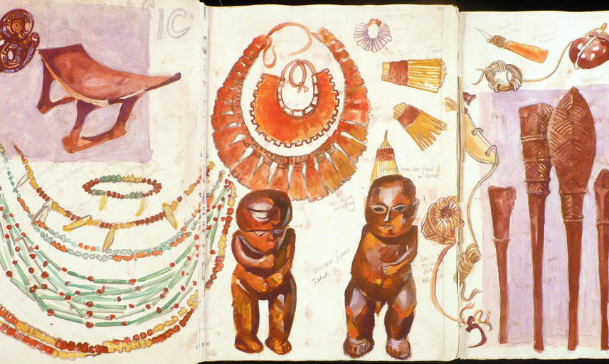Sketchbook page showing drawings of beaded jewelry, headrests, figures, staffs and other objects