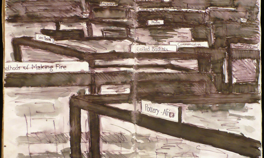 Monochrome painting of display cases focusing on their glazed black box frame