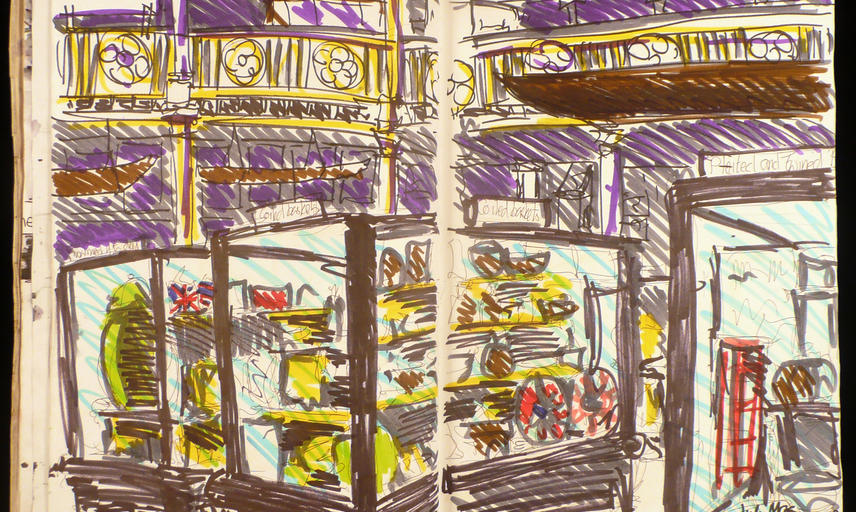 Felt tip drawing of the museum focusing on two display cases full of colour blocked shapes and a canoe hanging from an upper gallery in the background