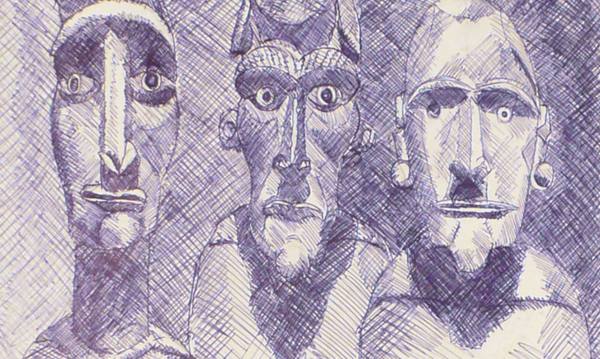 A pen drawing of the heads of three figures that feature in the Museum's animated donation box, shaded with cross-hatching technique.