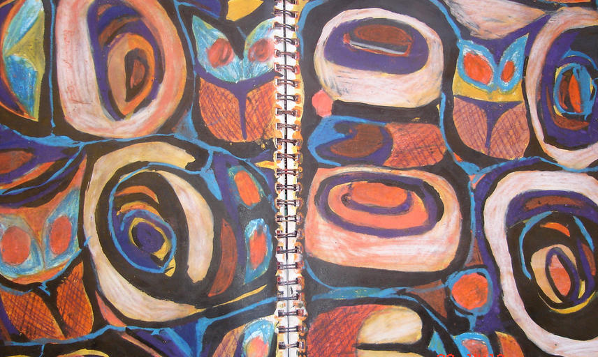 A sketchbook spread of colourful patterns inspired by Haida line work. 