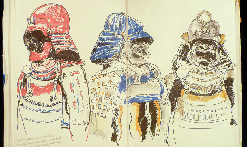 Three drawings of Samurai armour