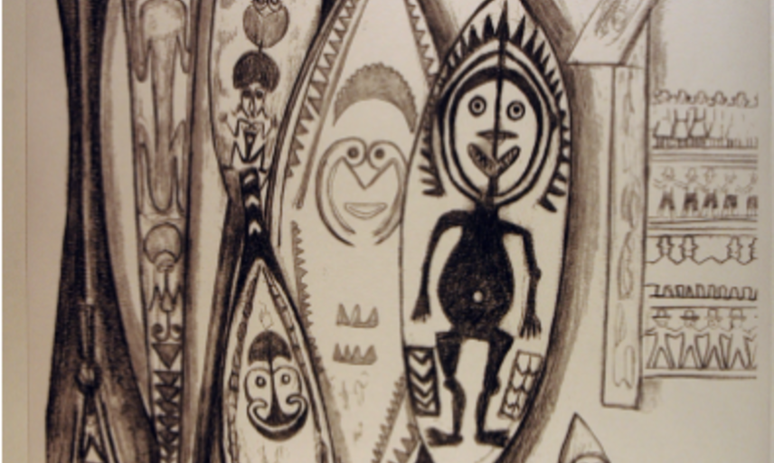 A black and white drawing of shields and staffs stood leaning against a wall and some small figures on the floor