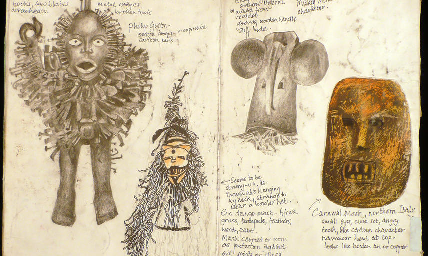 A drawing of three different masks and Mavungu (a nkisi figure)