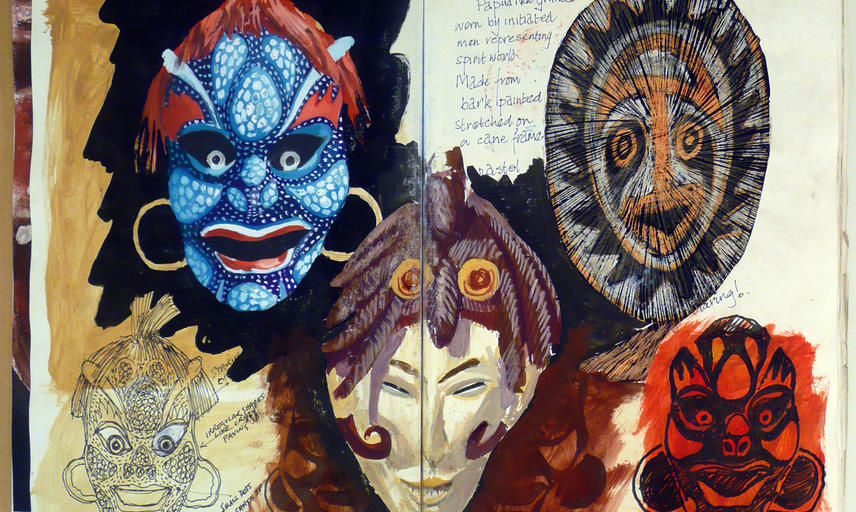A sketchbook spread showing colourful drawing of five different masks