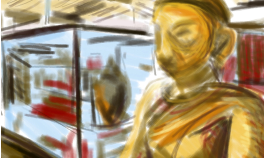 A loose sketch of a gold figure (Buddha) with display cases in the background  