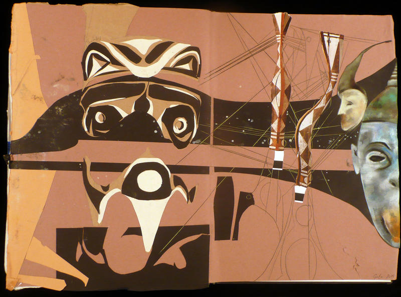 Photograph of a sketchbook page where collaged paper has been used to capture a likeness of the Haida Star House Pole and other items.
