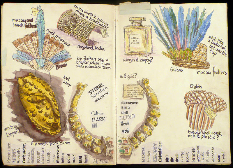 Sketchbook page showing drawings of a bronze head of a leopard, gold jewelry, a Chanel No. 5 perfume bottle and feather headresses, along with other objects.