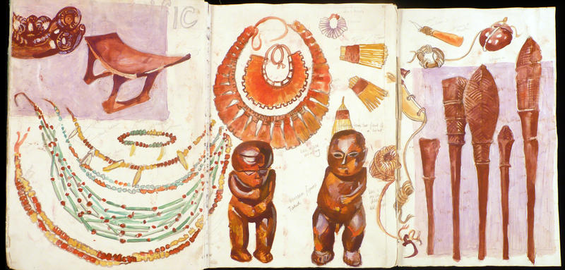 Sketchbook page showing drawings of beaded jewelry, headrests, figures, staffs and other objects