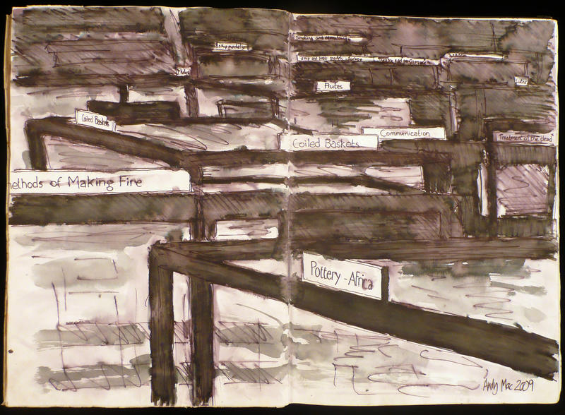 Monochrome painting of display cases focusing on their glazed black box frame