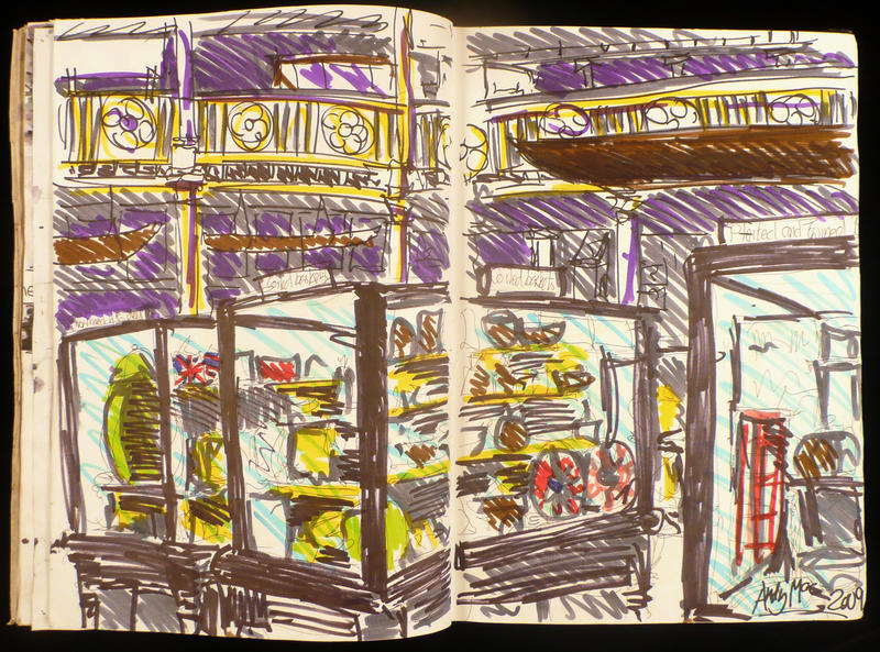 Felt tip drawing of the museum focusing on two display cases full of colour blocked shapes and a canoe hanging from an upper gallery in the background