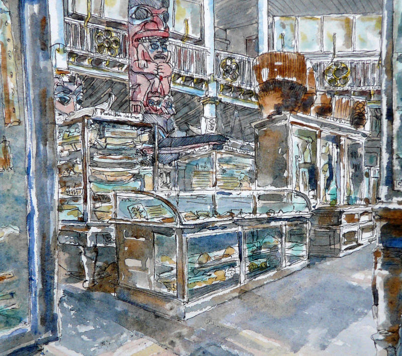 Watercolour showing desktop display cases with taller cases behind and some drums and the Haida Star Hole Pole on open display.