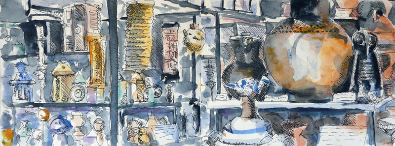Watercolour showing ceramic vessels in a glass display case with views beyond showing other display cases containing further vessel-like objects