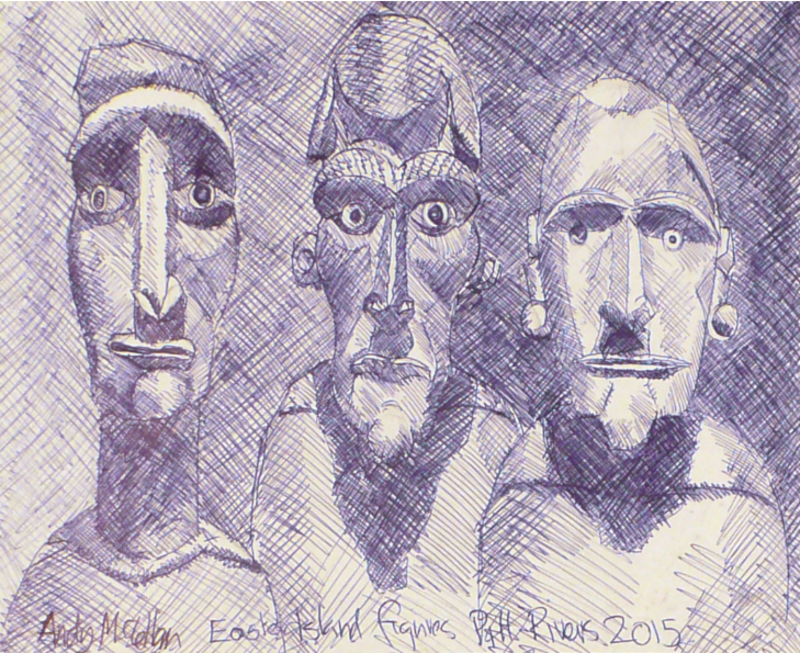 A pen drawing of the heads of three figures from Rapa Nui (Easter Island) shaded with cross-hatching technique.