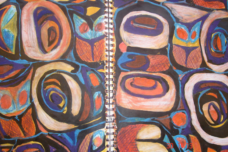 A sketchbook spread of colourful patterns inspired by Haida line work. 