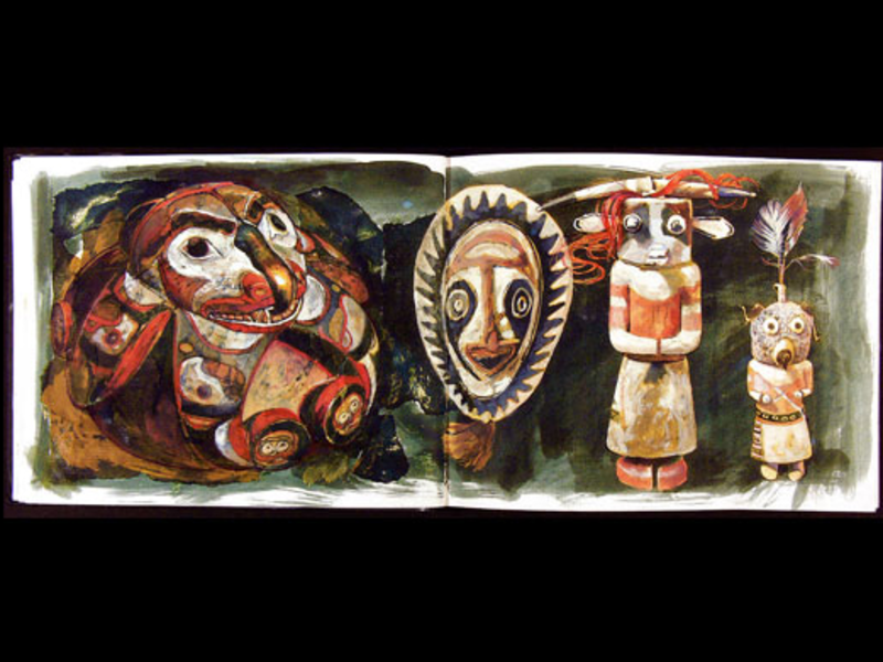 Colourful drawings of a Haida octupus helmet, a mask, and two Hopi Kachina figures. 