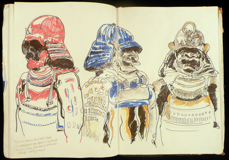 Three drawings of Samurai armour