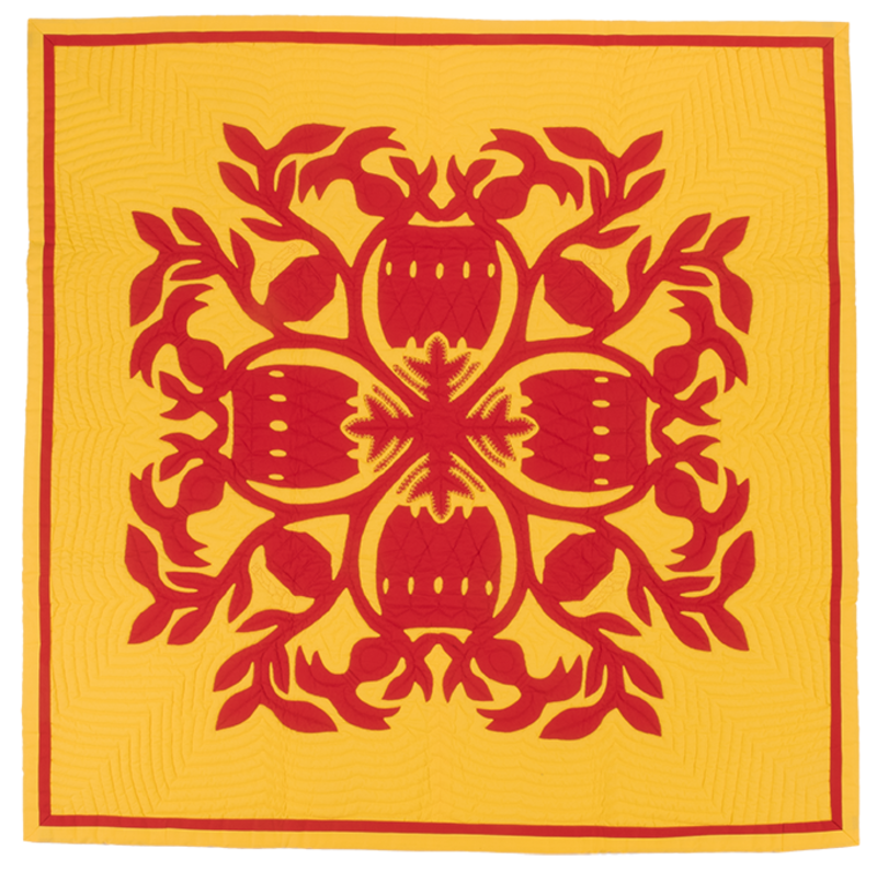Square yellow quilt with red appliqué design depicting silhouettes of instruments used in Hula dancing