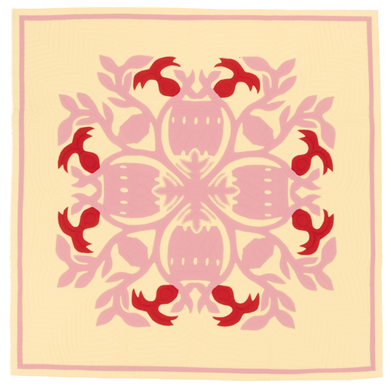 Square yellow quilt with eight red silhouettes of 'uli 'uli (dance rattles) highlighted in a repeated pattern