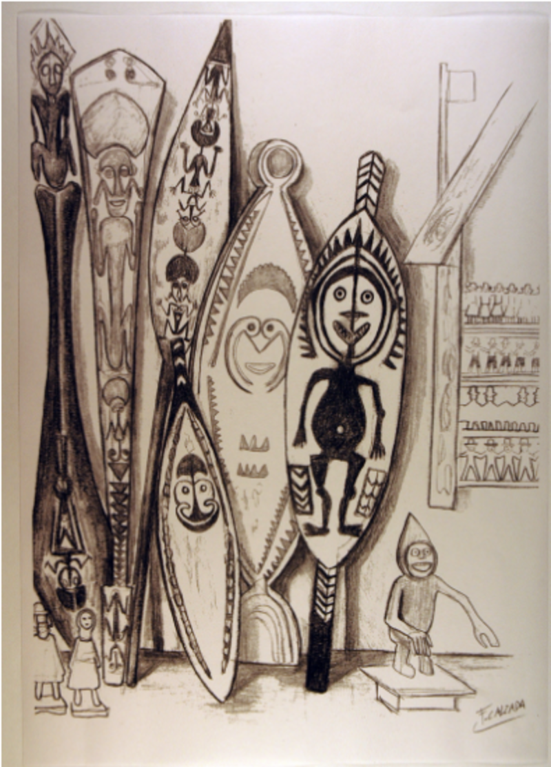 A black and white drawing of shields and staffs stood leaning against a wall and some small figures on the floor