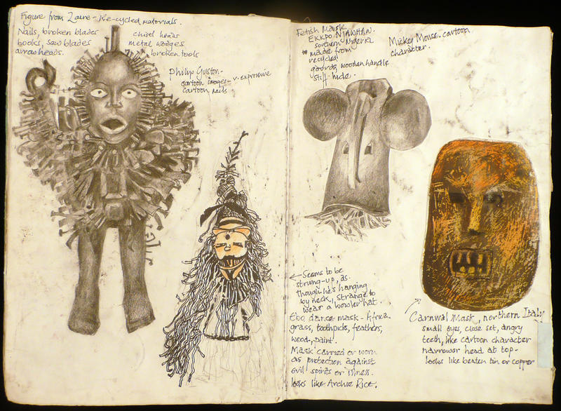 A drawing of three different masks and Mavungu (a nkisi figure)