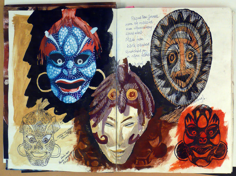 A sketchbook spread showing colourful drawing of five different masks