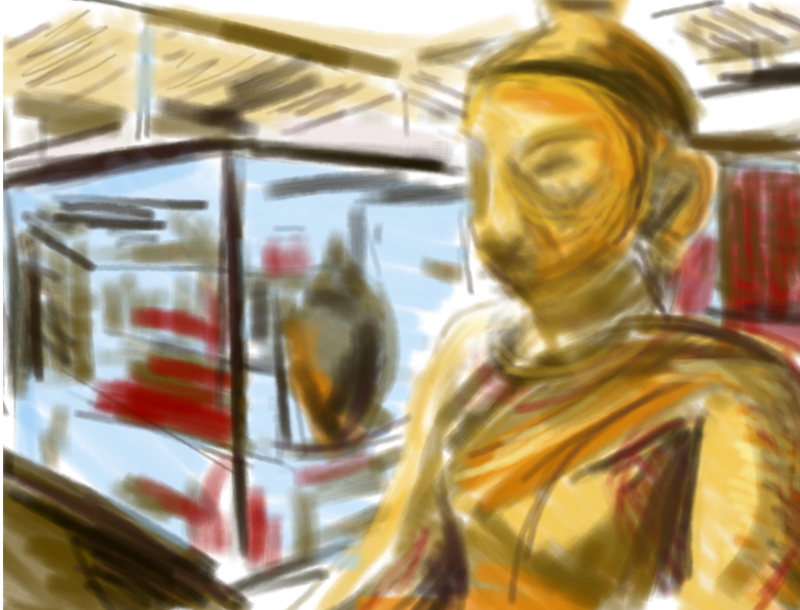 A loose sketch of a gold figure (Buddha) with display cases in the background  
