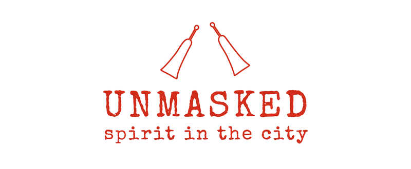 Two line drawings of a bell-shaped gong above the words 'Unmasked: Spirit in the City'