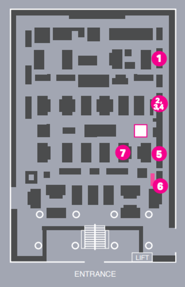 Object Trail Floor plan of museum ground floor with five pink dots marking locations