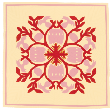 Image highlighting the red appliquéd maile leaves on vine branches, repeated four times as part of a quilt design.