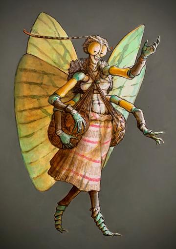 Painting of a humanoid-insect figure standing upright on two legs with four large wings wearing two containers made from gourds strung with handles that straddle opposite shoulders 