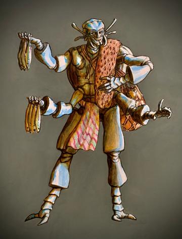 Painting of a humanoid-insect figure carrying fish