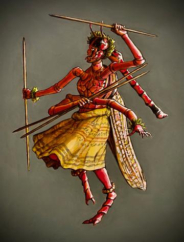 Painting of a humanoid-insect figure standing on two legs, with four arms, three of which are carrying one or more spears