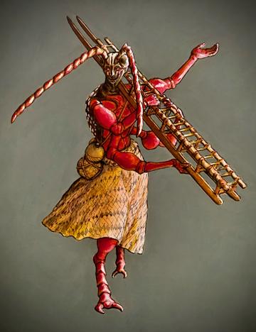 Painting of a humanoid-insect figure carrying a wooden sledge