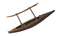 A small model of an outrigger canoe made of wood.